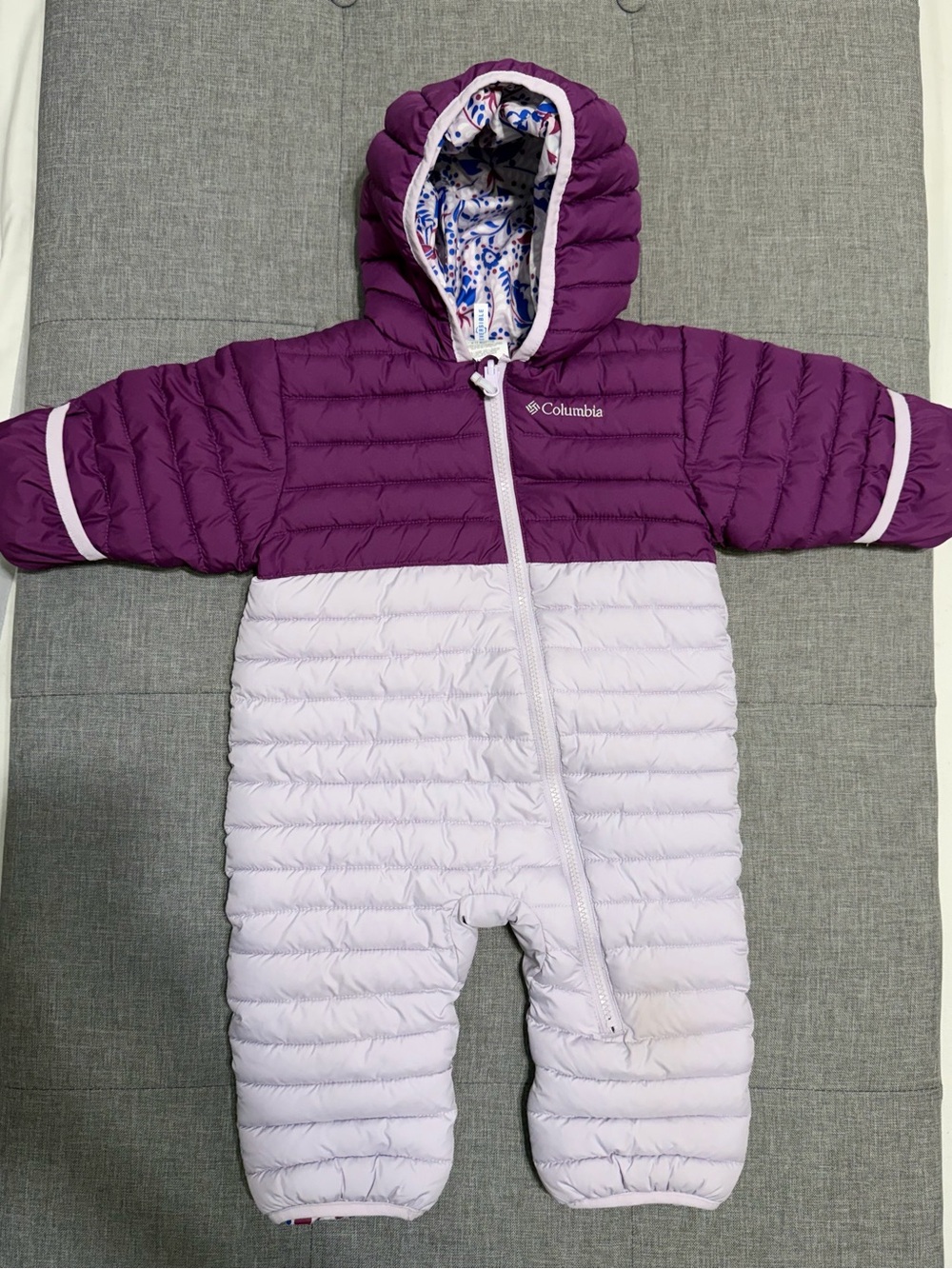 Columbia powder lite reversible bunting in a purple and lilac color block patern